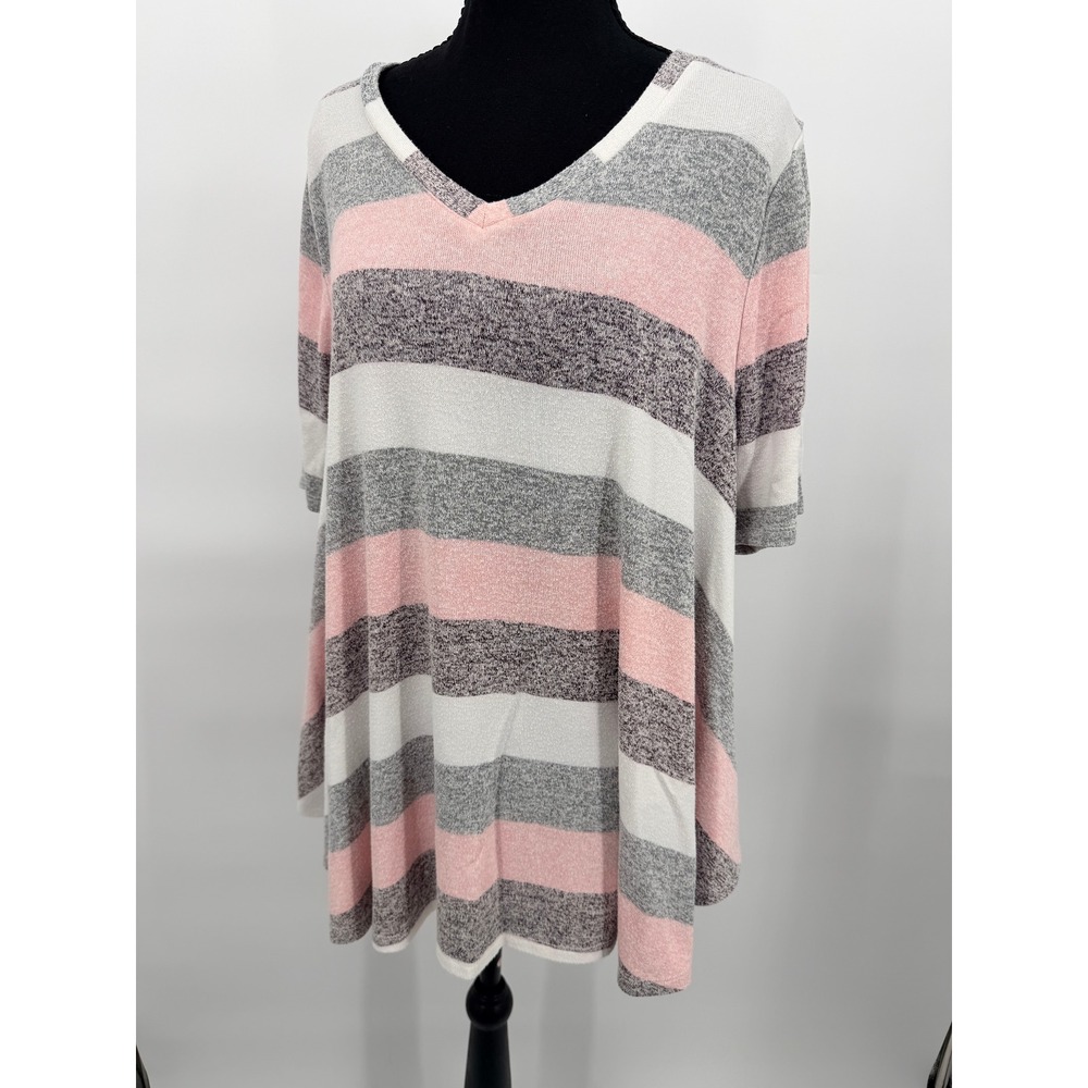 Lane Bryant Tunic Top Womens 14/16 Pink Grey Striped Excellent V-Neck Swing